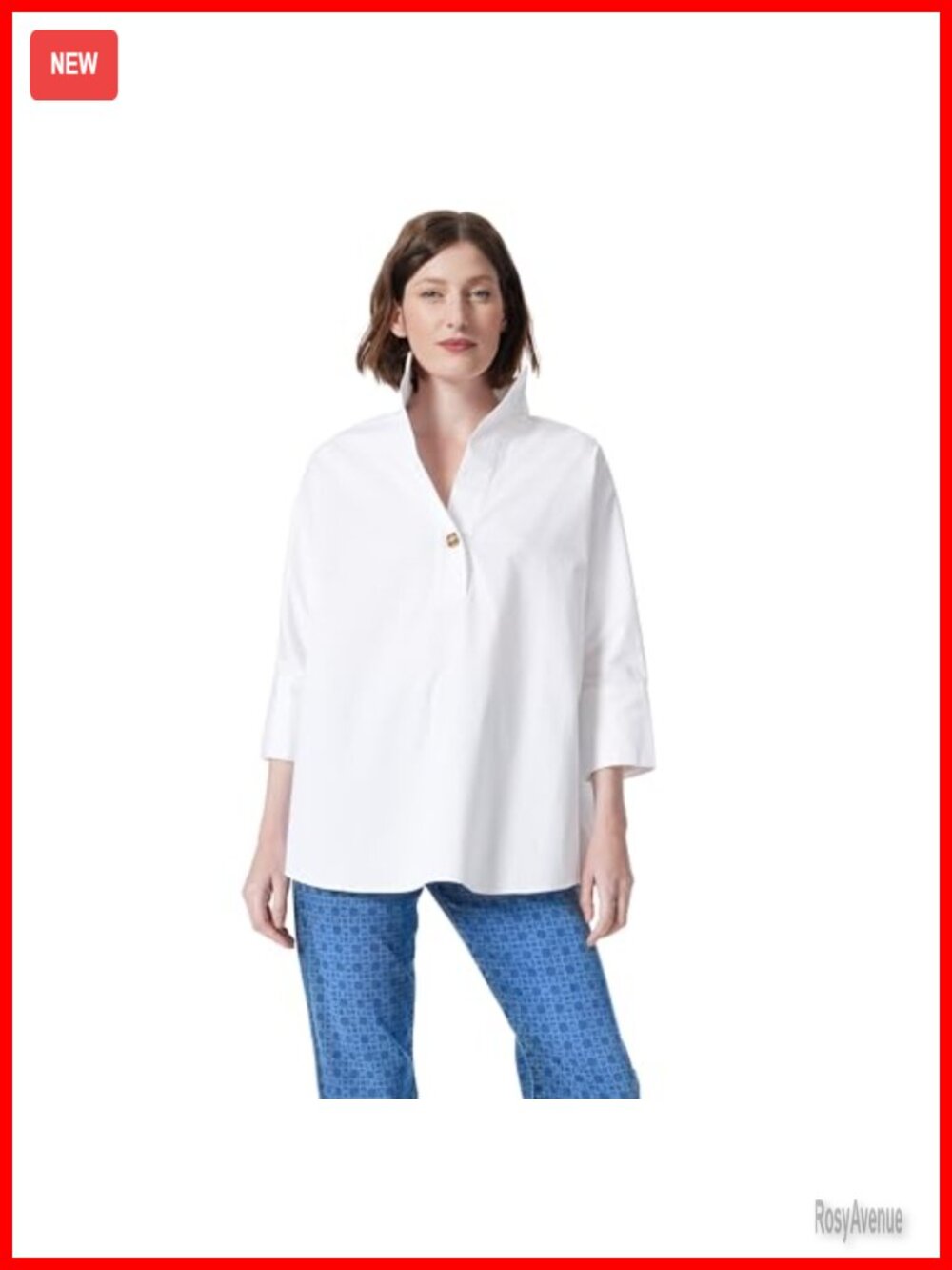 Stand Collar Button Placket Top 3/4 Sleeve Relaxed Fit Woven Blouse
